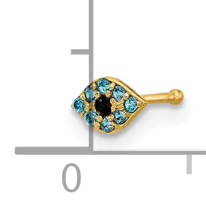 14k Yellow Gold  20 Gauge Blue CZ Evil Eye Nose Stud