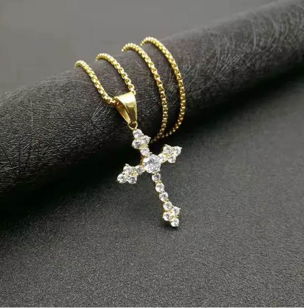 18k Gold Plated Hip Hop Jewelry Stainless Steel Cross 24" Necklace