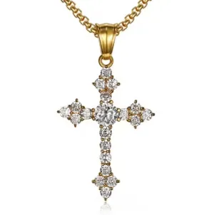 18k Gold Plated Hip Hop Jewelry Stainless Steel Cross 24" Necklace