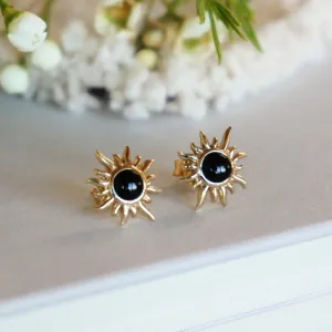 18k Gold Sunburst Earrings - Onyx