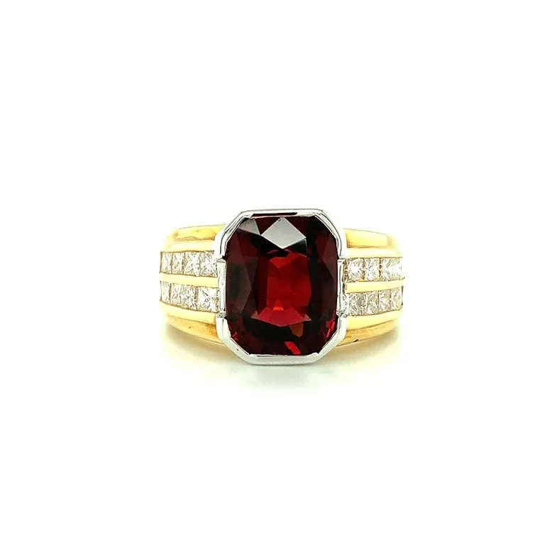 5.56 Carat Garnet, Double Row Channel Set Diamond, Yellow, White Gold Band Ring