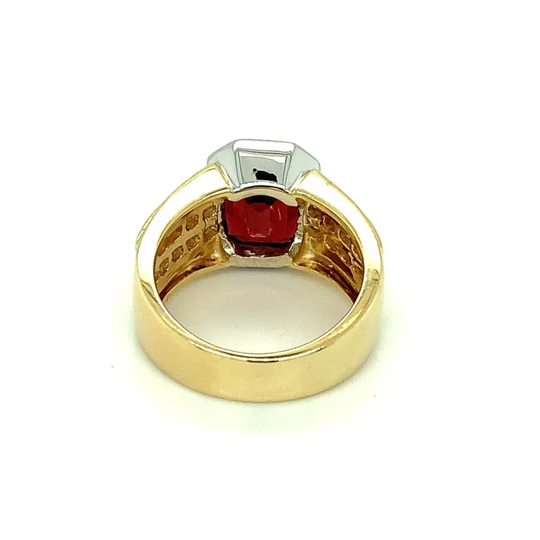 5.56 Carat Garnet, Double Row Channel Set Diamond, Yellow, White Gold Band Ring