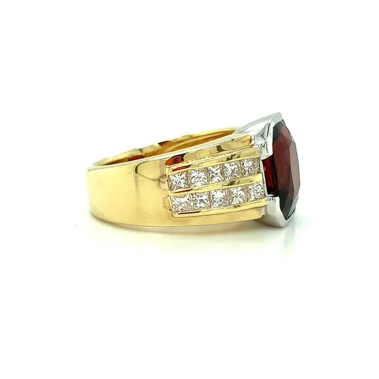 5.56 Carat Garnet, Double Row Channel Set Diamond, Yellow, White Gold Band Ring