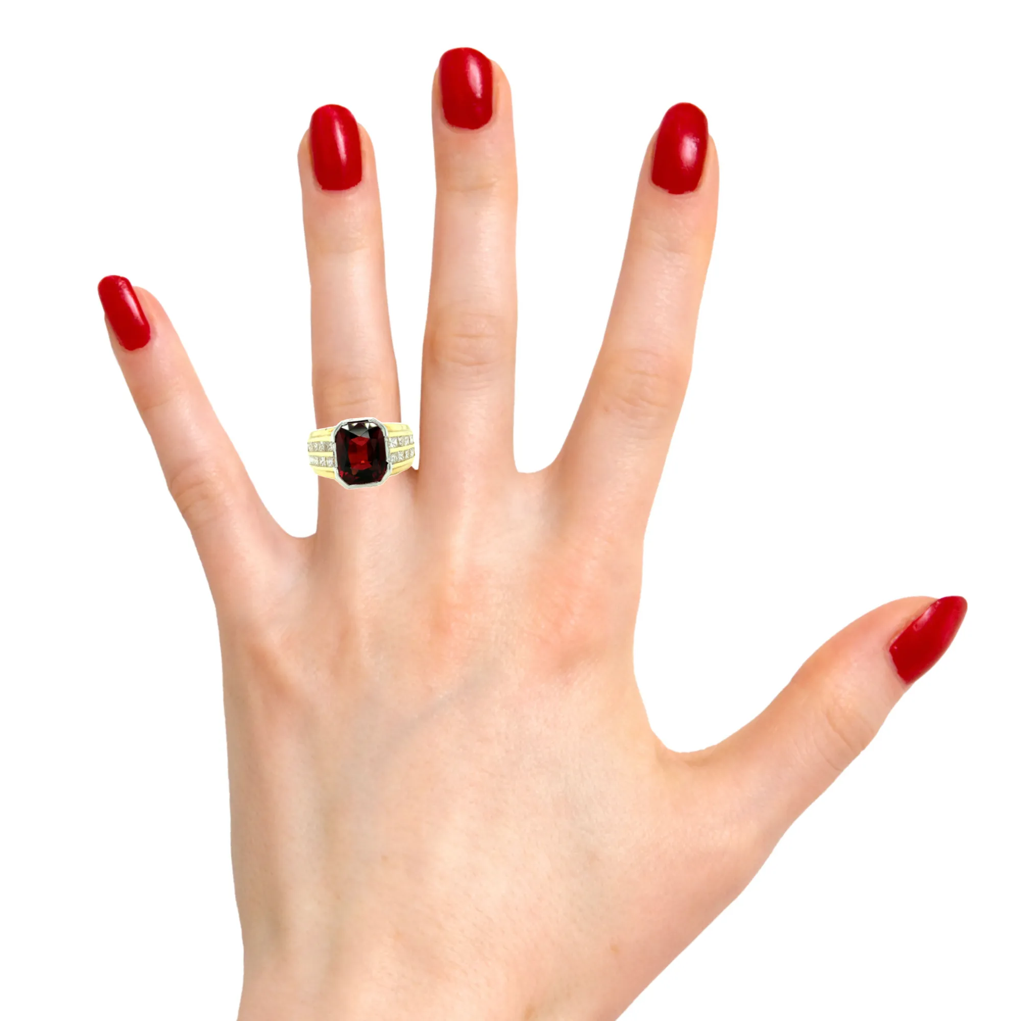 5.56 Carat Garnet, Double Row Channel Set Diamond, Yellow, White Gold Band Ring