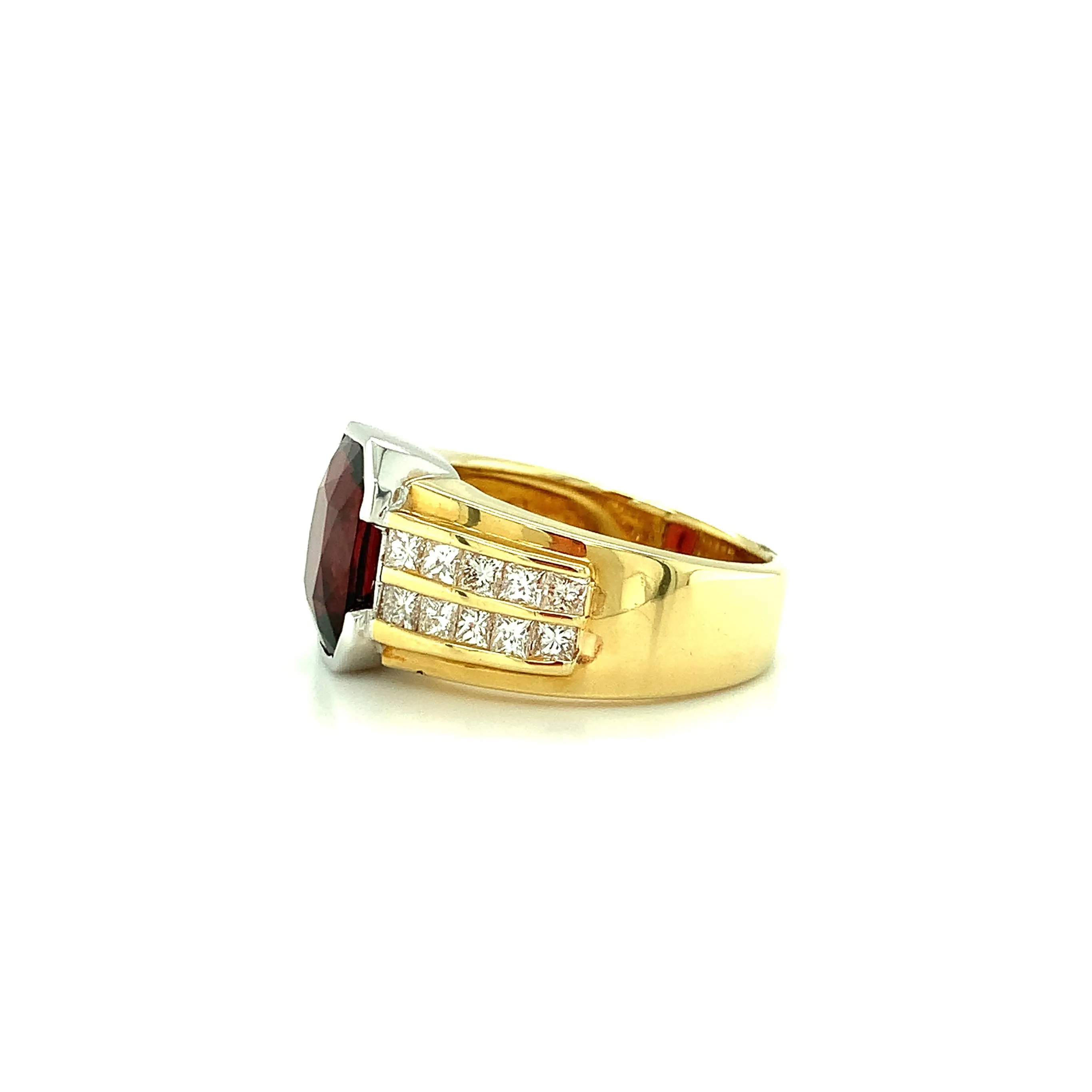 5.56 Carat Garnet, Double Row Channel Set Diamond, Yellow, White Gold Band Ring