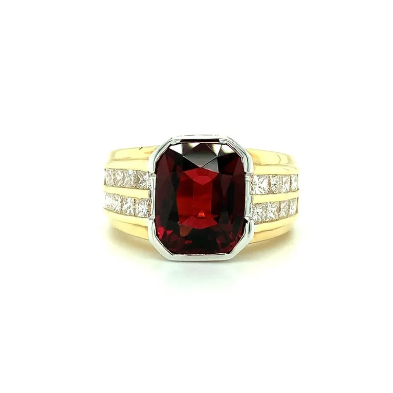 5.56 Carat Garnet, Double Row Channel Set Diamond, Yellow, White Gold Band Ring