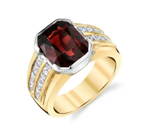 5.56 Carat Garnet, Double Row Channel Set Diamond, Yellow, White Gold Band Ring