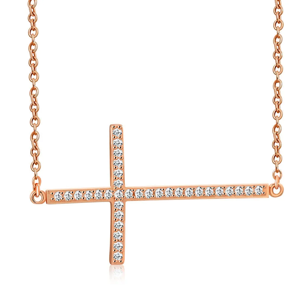 925 Sterling Silver Sideways Cross White CZ Pendant Necklace
