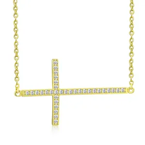 925 Sterling Silver Sideways Cross White CZ Pendant Necklace