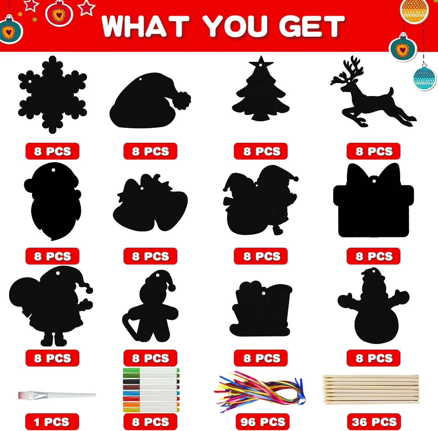 96 Piece Christmas Craft Scratch Off Art Ornaments Rainbow Magic Color Cards Paper Hanging Supplies Educational Toys Kit for Kid Party Favor