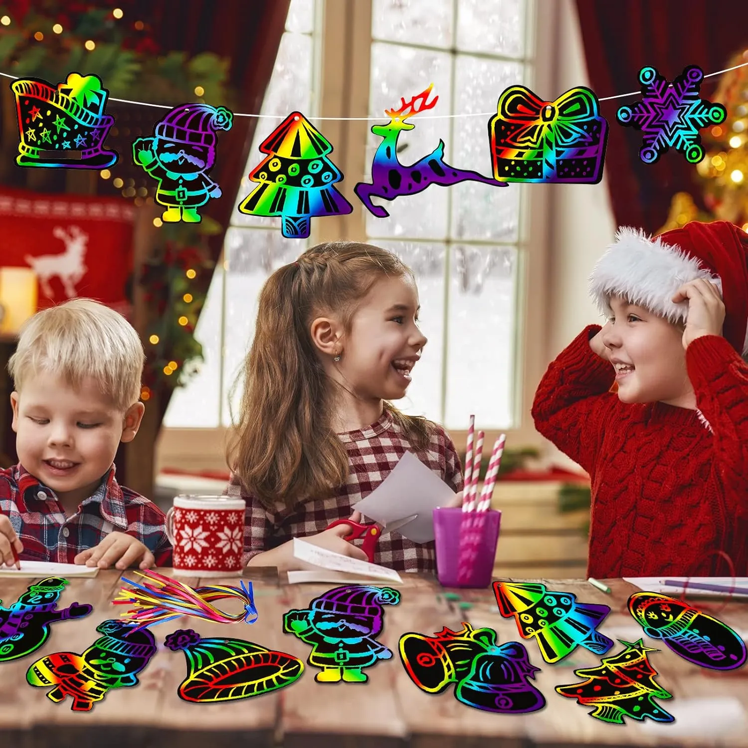 96 Piece Christmas Craft Scratch Off Art Ornaments Rainbow Magic Color Cards Paper Hanging Supplies Educational Toys Kit for Kid Party Favor