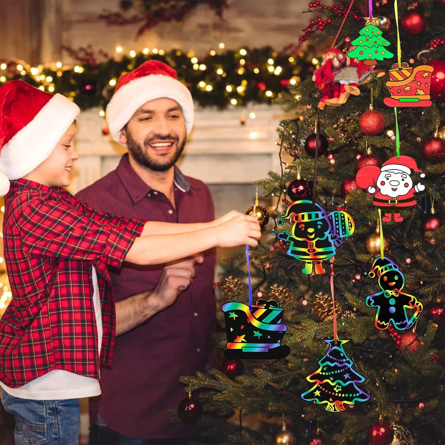 96 Piece Christmas Craft Scratch Off Art Ornaments Rainbow Magic Color Cards Paper Hanging Supplies Educational Toys Kit for Kid Party Favor