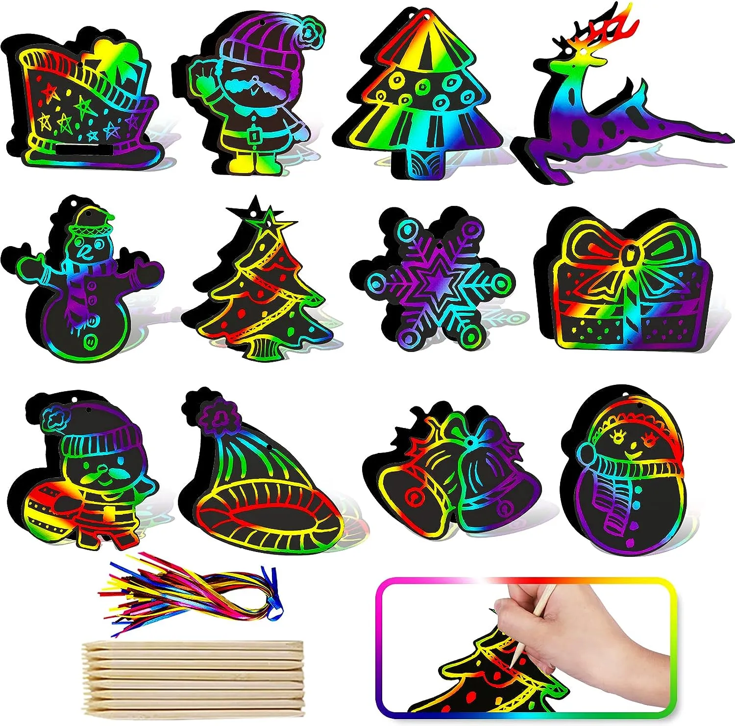 96 Piece Christmas Craft Scratch Off Art Ornaments Rainbow Magic Color Cards Paper Hanging Supplies Educational Toys Kit for Kid Party Favor
