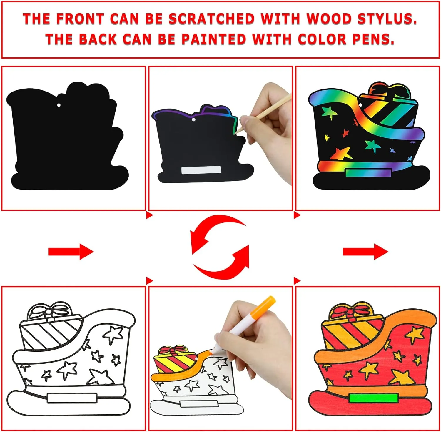 96 Piece Christmas Craft Scratch Off Art Ornaments Rainbow Magic Color Cards Paper Hanging Supplies Educational Toys Kit for Kid Party Favor