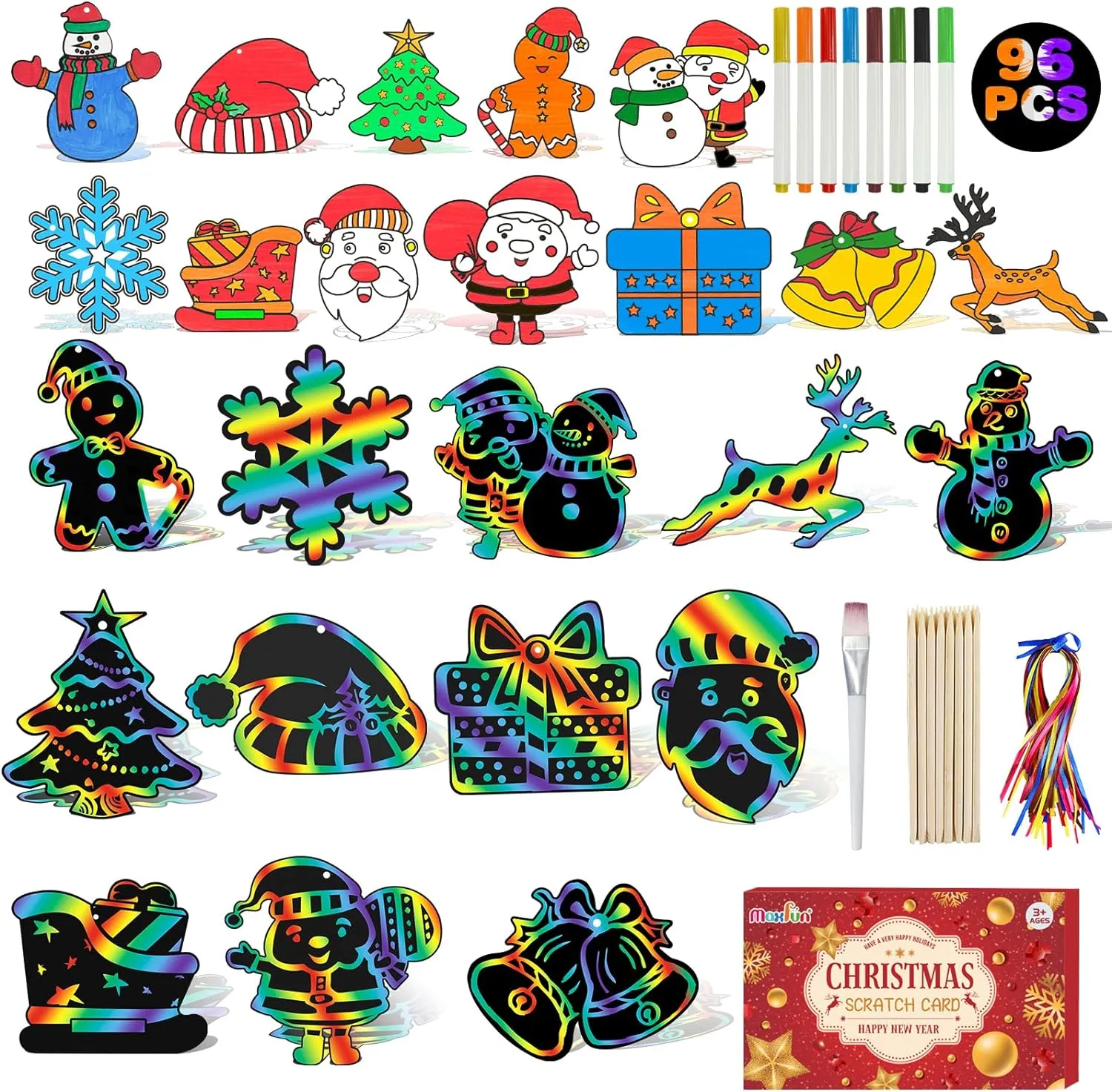 96 Piece Christmas Craft Scratch Off Art Ornaments Rainbow Magic Color Cards Paper Hanging Supplies Educational Toys Kit for Kid Party Favor