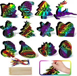 96 Piece Christmas Craft Scratch Off Art Ornaments Rainbow Magic Color Cards Paper Hanging Supplies Educational Toys Kit for Kid Party Favor