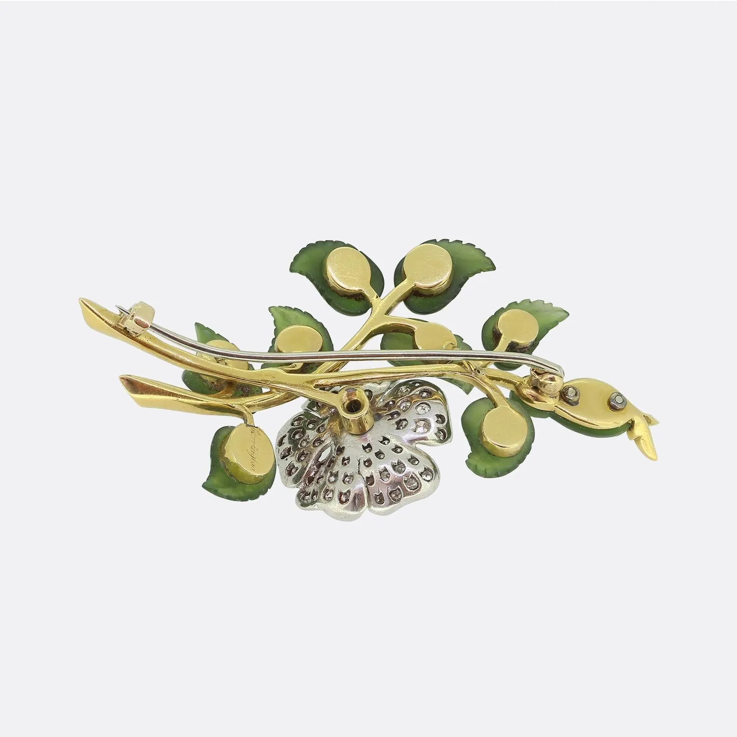 Antique Carrington Diamond and Nephrite Jade Floral Brooch