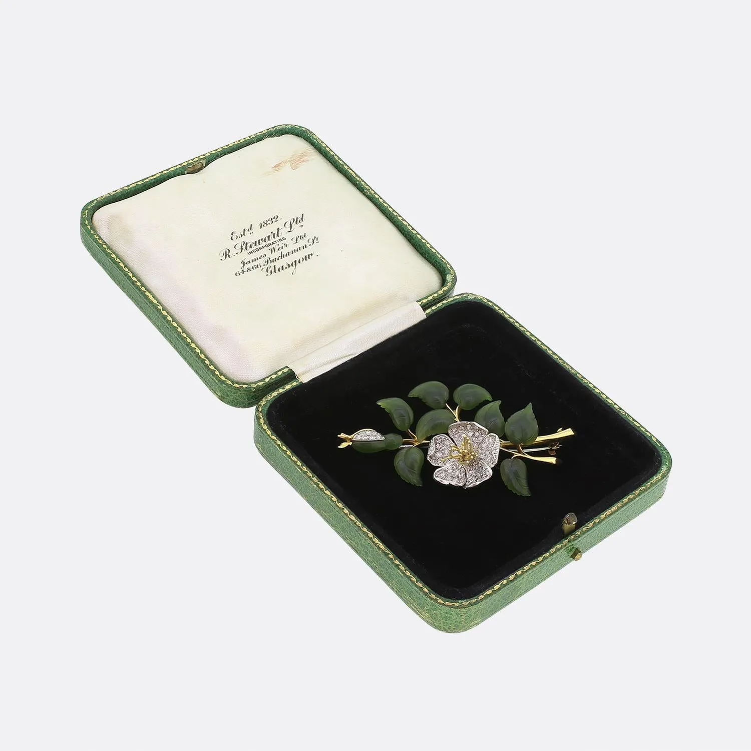 Antique Carrington Diamond and Nephrite Jade Floral Brooch