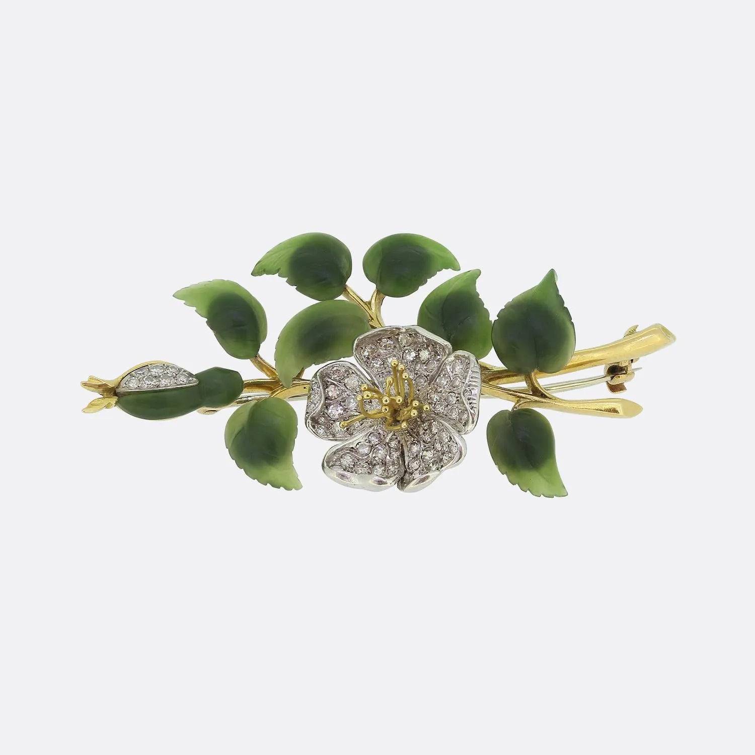 Antique Carrington Diamond and Nephrite Jade Floral Brooch