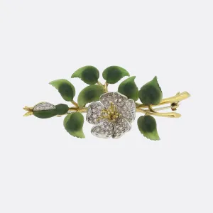 Antique Carrington Diamond and Nephrite Jade Floral Brooch