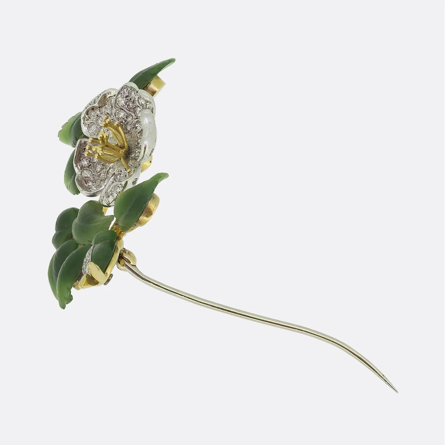 Antique Carrington Diamond and Nephrite Jade Floral Brooch