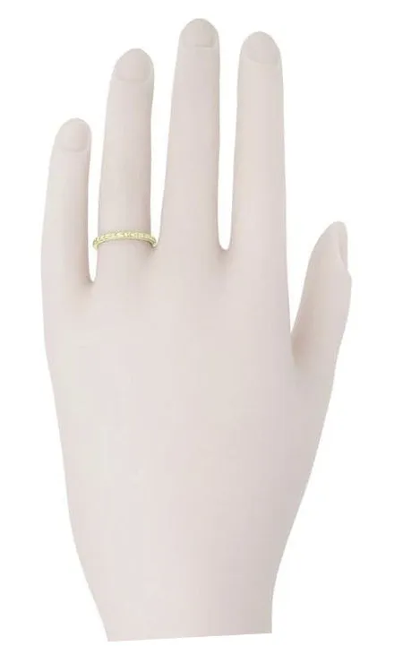 Art Deco 2mm Wide Thin Engraved Wheat Wedding Ring in 14 Karat Yellow Gold