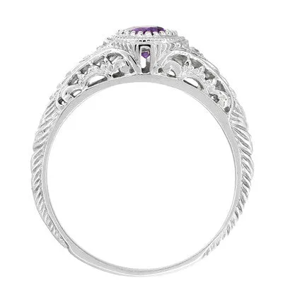 Art Deco Amethyst and Diamond Filigree Platinum Engraved Engagement Ring