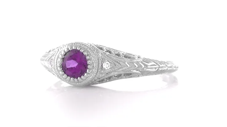 Art Deco Amethyst and Diamond Filigree Platinum Engraved Engagement Ring