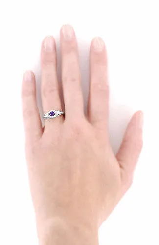 Art Deco Amethyst and Diamond Filigree Platinum Engraved Engagement Ring