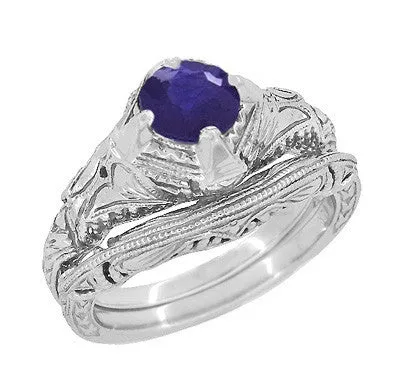 Art Deco Blue Iolite Engraved Filigree Engagement Ring in 14 Karat White Gold