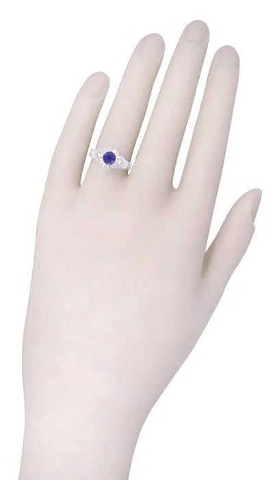 Art Deco Blue Iolite Engraved Filigree Engagement Ring in 14 Karat White Gold