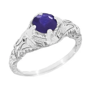 Art Deco Blue Iolite Engraved Filigree Engagement Ring in 14 Karat White Gold