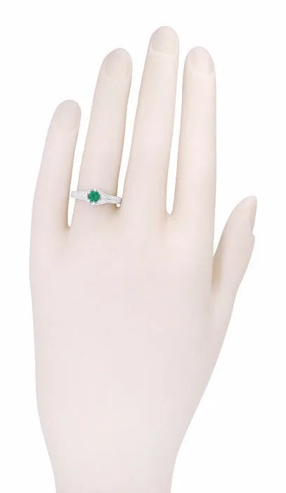 Art Deco Emerald and Diamond Filigree Engraved Engagement Ring in 14 Karat White Gold