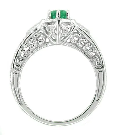 Art Deco Emerald and Diamond Filigree Engraved Engagement Ring in 14 Karat White Gold