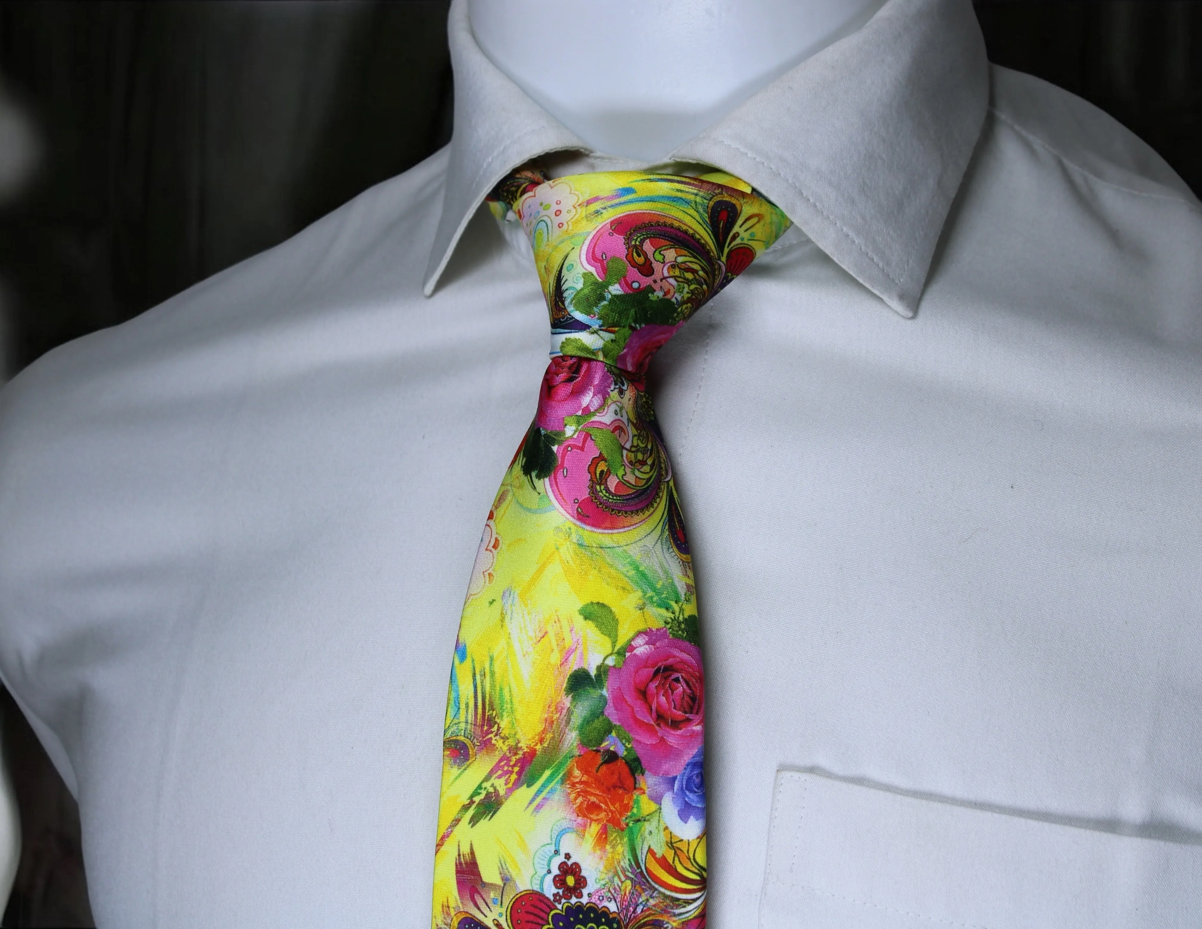 Artistic Yellow Floral Tie With Pocket Square