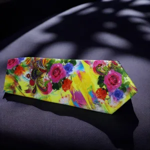 Artistic Yellow Floral Tie With Pocket Square