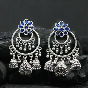 Arunakara Silver Oxidized Royal Blue Tri Jhumkis