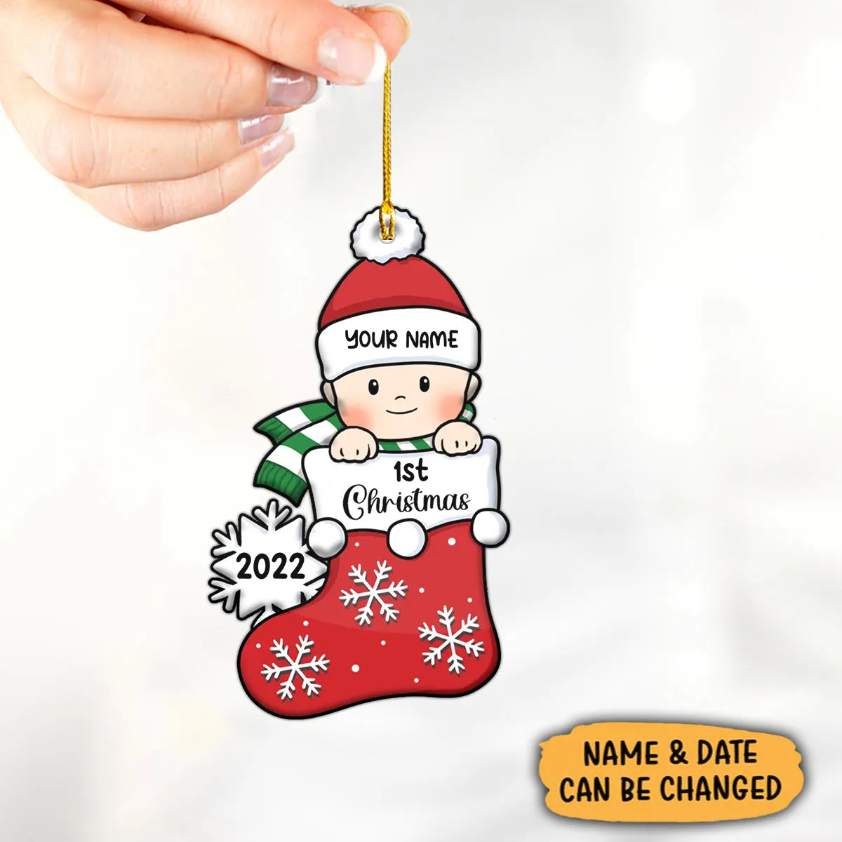 Baby's First Christmas, Stocking Ornament, Christmas Shaped Ornament, Custom Gift for Baby Red