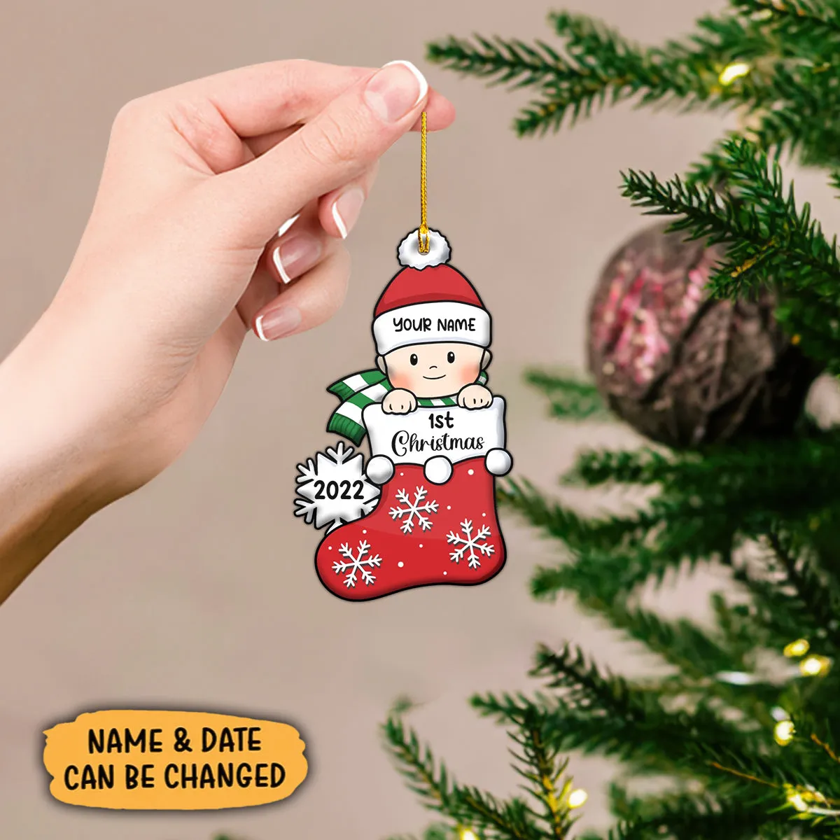 Baby's First Christmas, Stocking Ornament, Christmas Shaped Ornament, Custom Gift for Baby Red