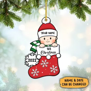 Baby's First Christmas, Stocking Ornament, Christmas Shaped Ornament, Custom Gift for Baby Red