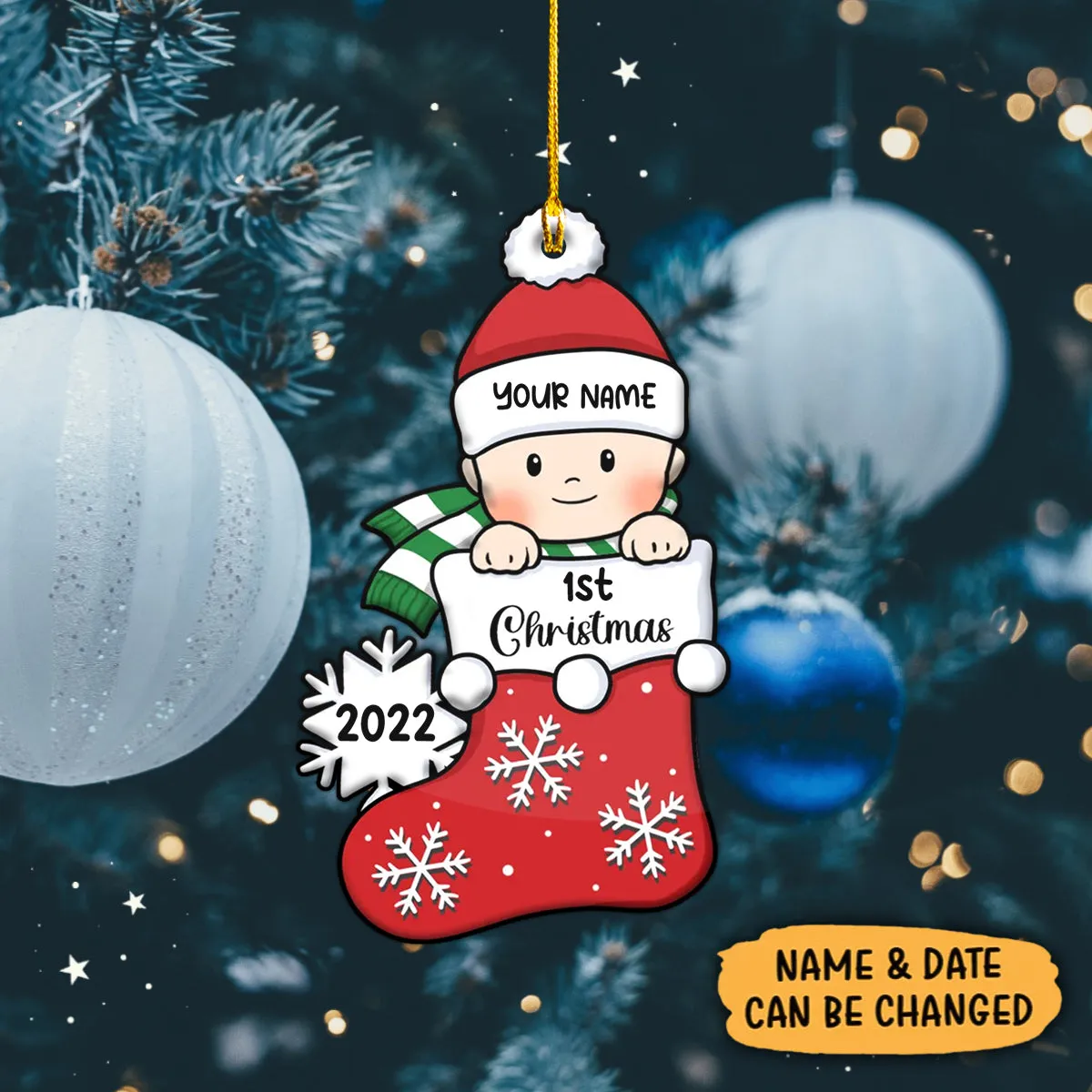 Baby's First Christmas, Stocking Ornament, Christmas Shaped Ornament, Custom Gift for Baby Red
