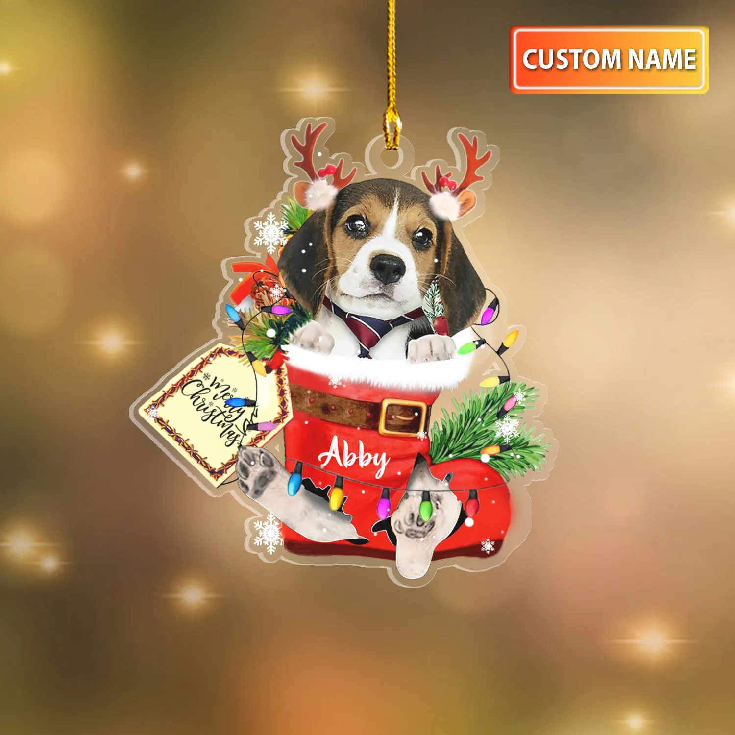 BEAGLE IN SNOW POCKET CHRISTMAS ACRYLIC ORNAMENT