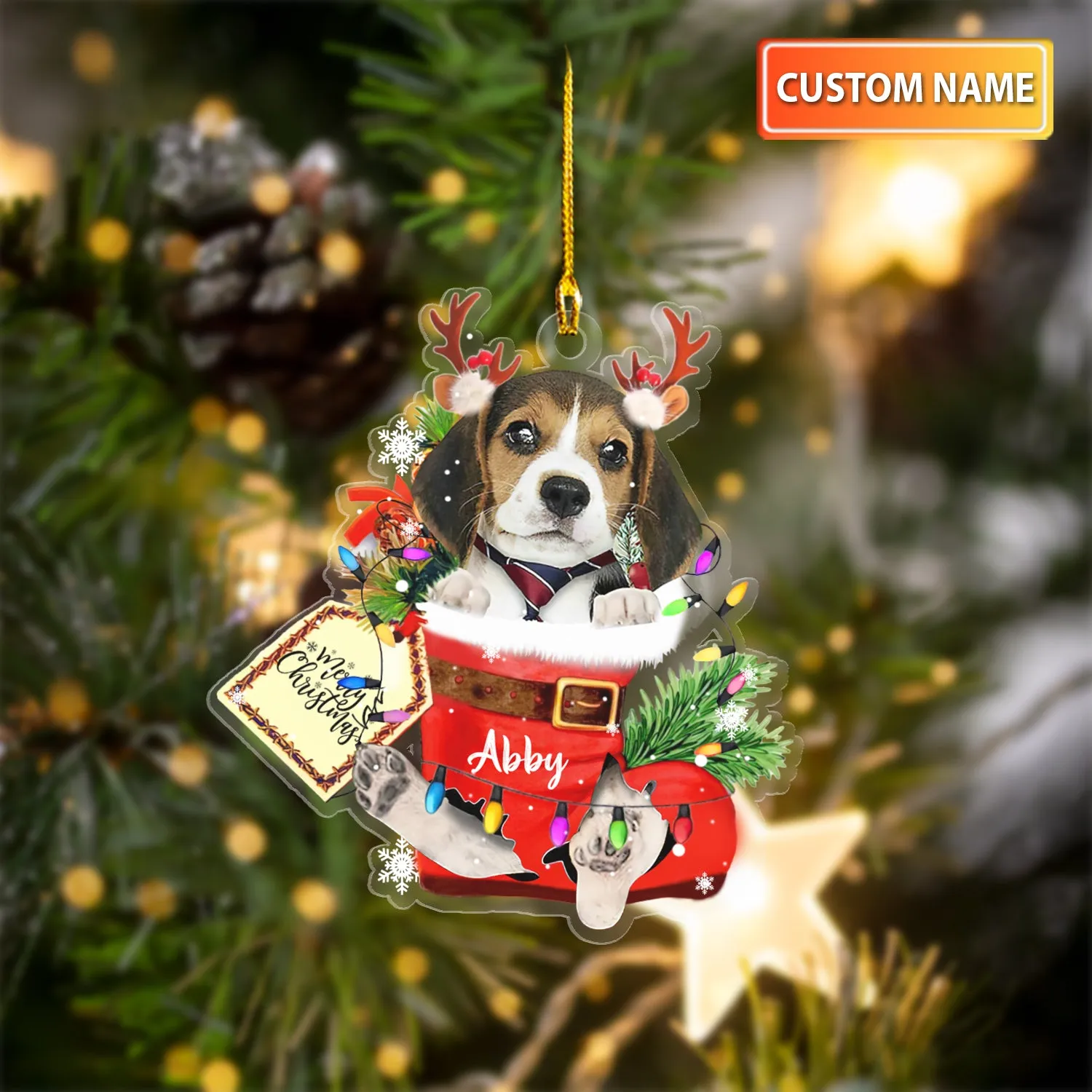 BEAGLE IN SNOW POCKET CHRISTMAS ACRYLIC ORNAMENT