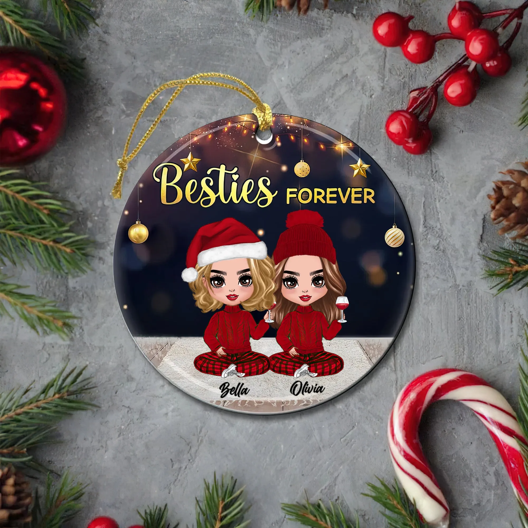 Besties Forever And Always Together - Personalized Custom Round Shaped Ceramic Christmas Ornament