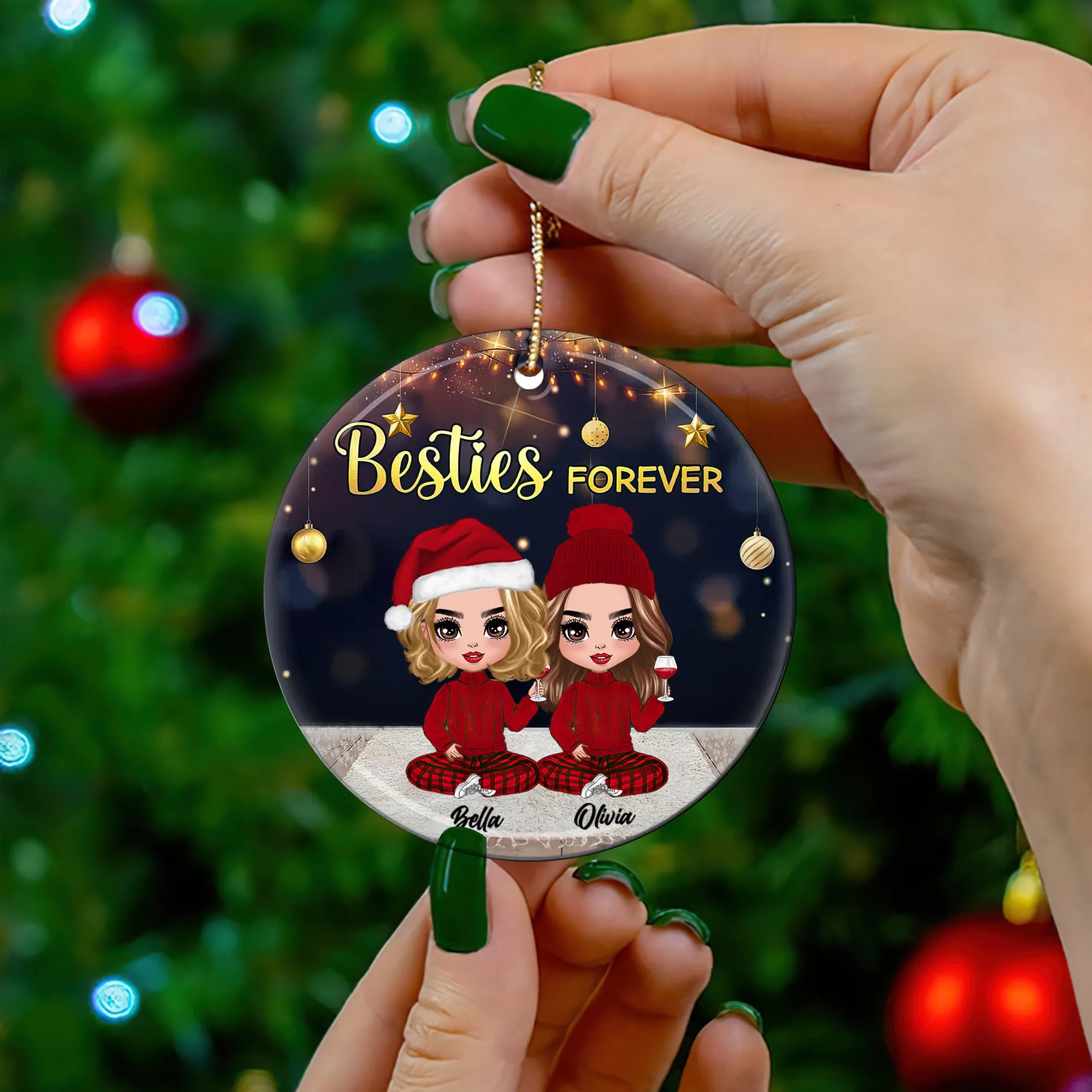 Besties Forever And Always Together - Personalized Custom Round Shaped Ceramic Christmas Ornament