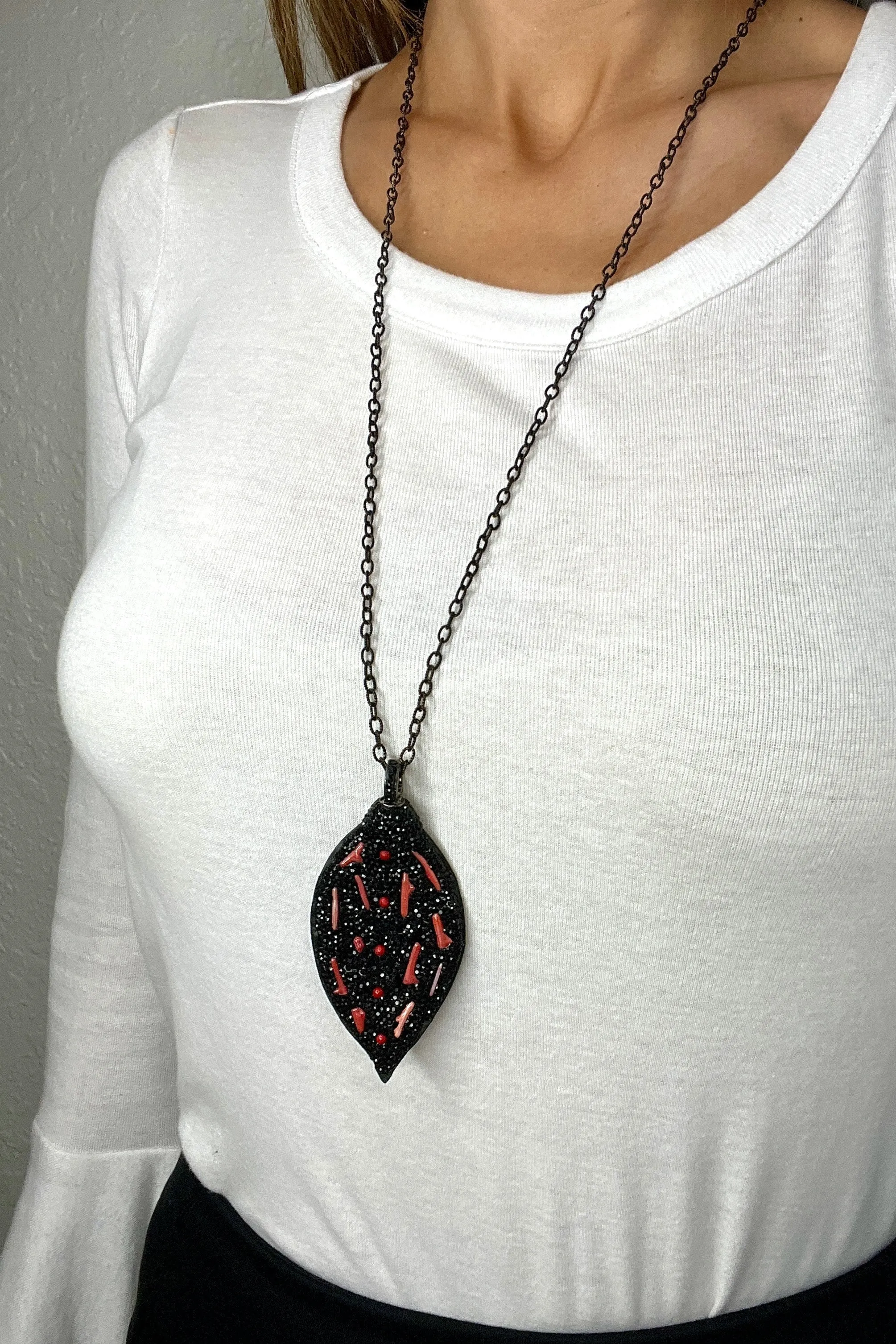 Black & Red Gemstone & Leather Pendant
