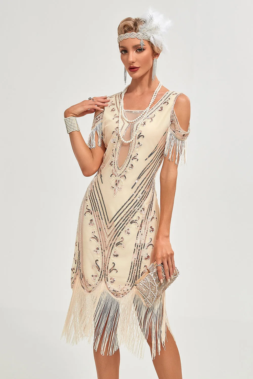 Black Cold Shoulder Sequins Fringes 1920s Gatsby Dress