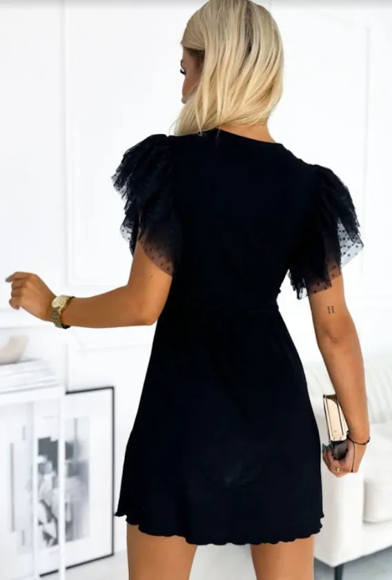 Black Dotty Mesh Ruffle Sleeve Ribbed Knit Mini Dress