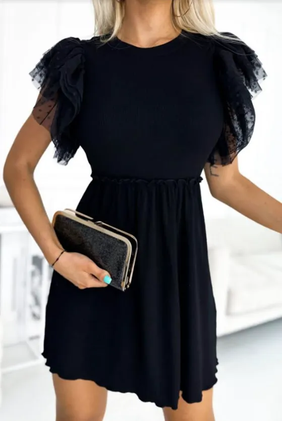 Black Dotty Mesh Ruffle Sleeve Ribbed Knit Mini Dress