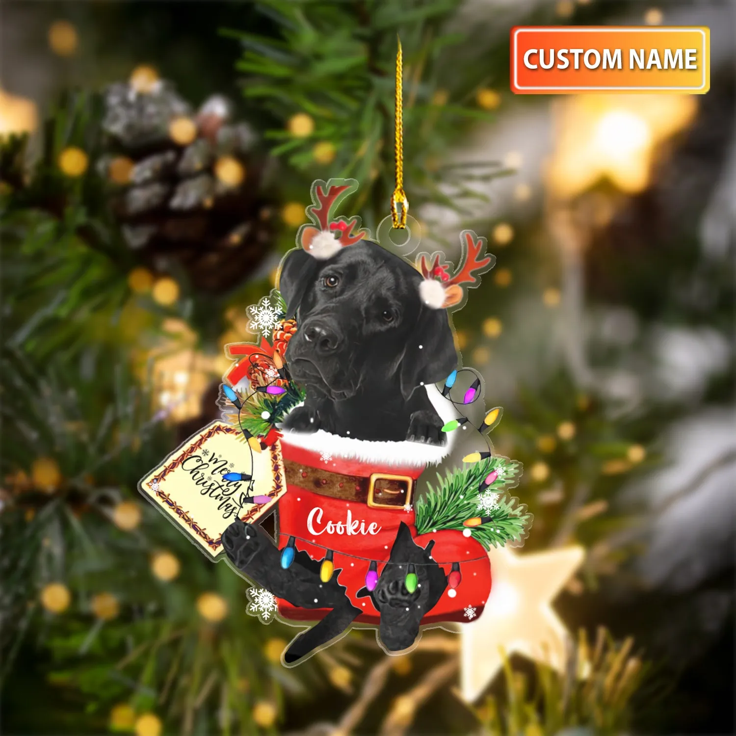 BLACK LABRADOR IN SNOW POCKET CHRISTMAS ACRYLIC ORNAMENT